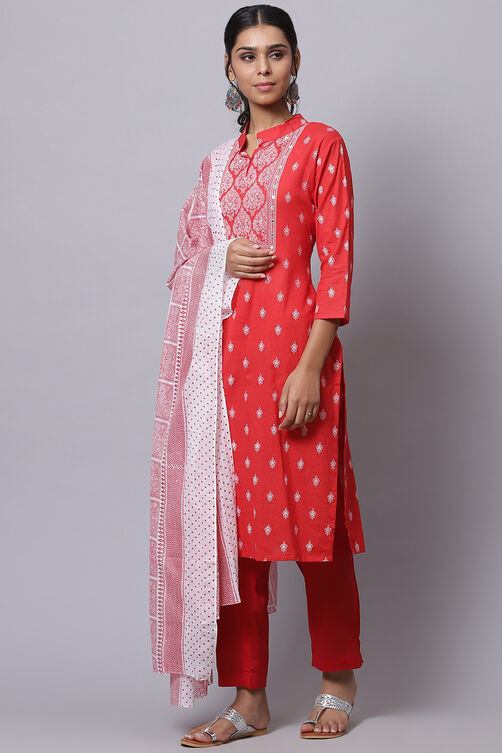 Red Cotton Unstitched Dress Material Suit Set image number 2