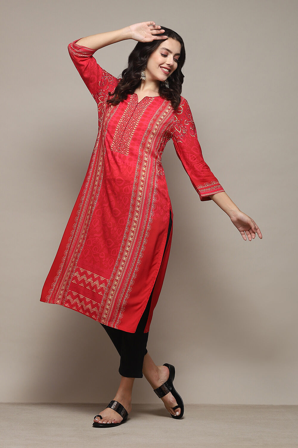 Red Printed Straight Kurta image number 0