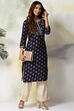 Navy Blue Rayon Straight Kurta Pants Set image number 2