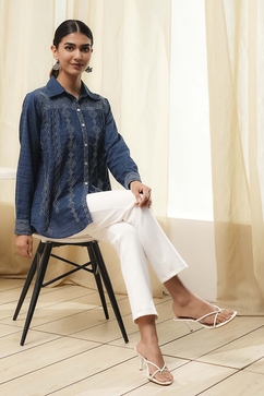 Blue Cotton Blend High-Low Straight Shirt