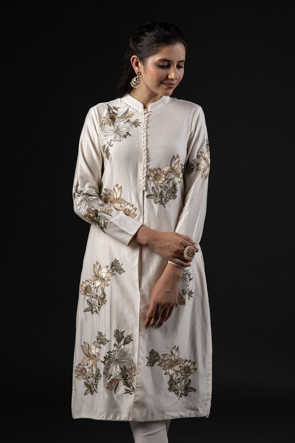 Ivory Cotton Silk Straight Printed Suit Set image number 6