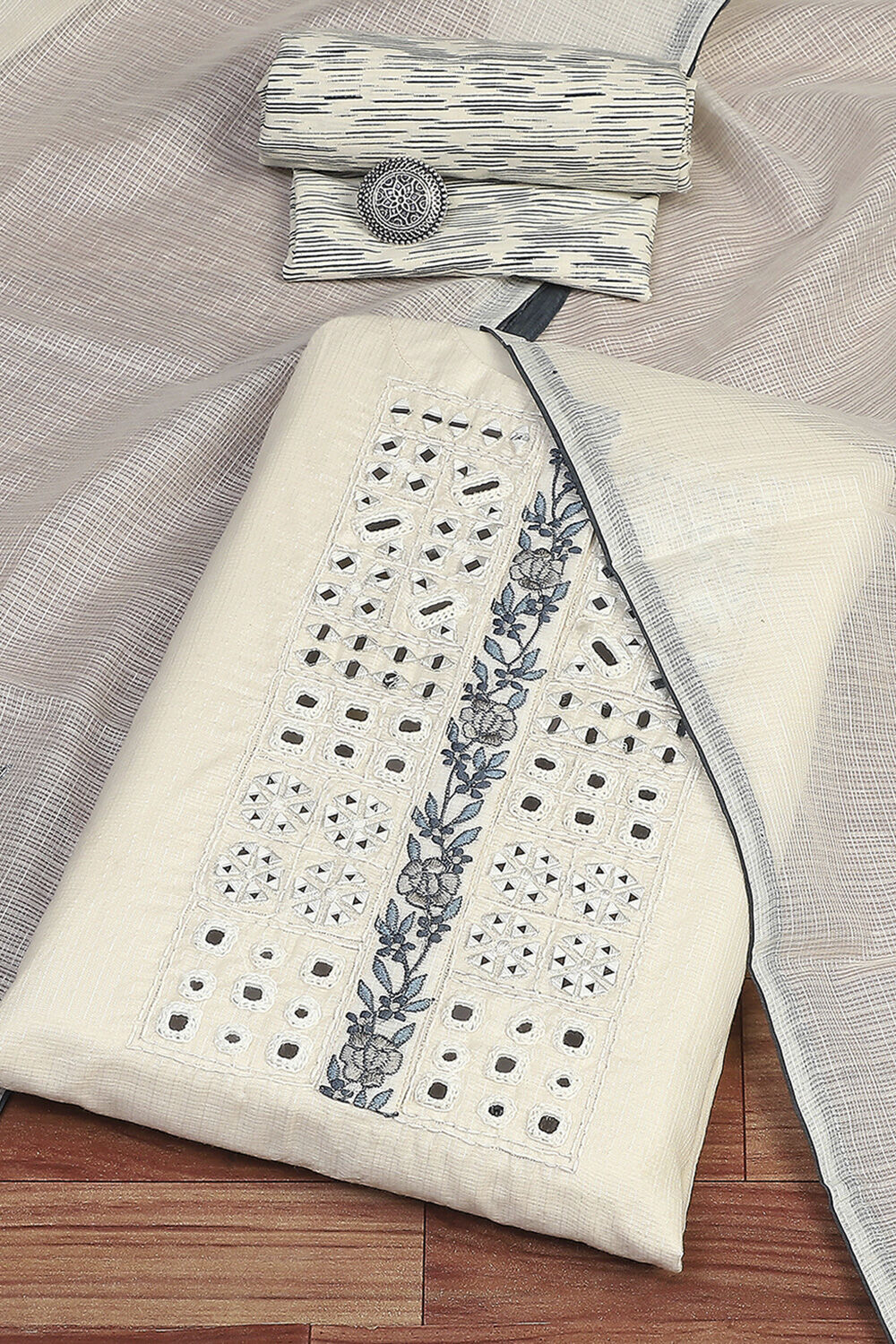 Off-White Cotton Machine Embroidered Unstitched Suit Set image number 0