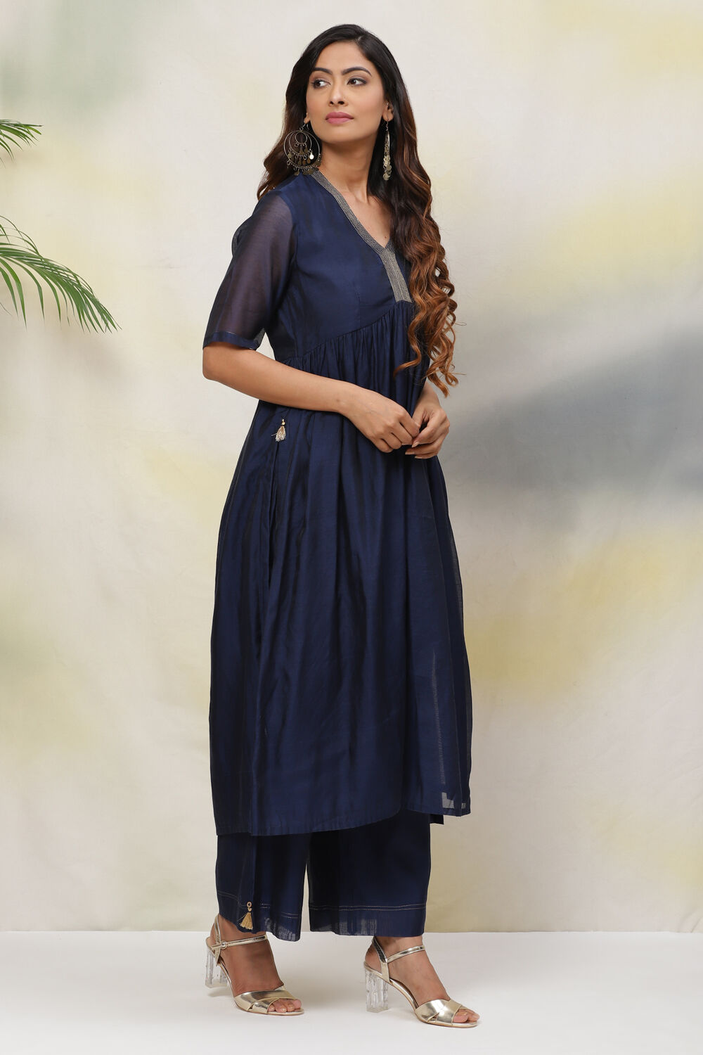Navy Flared Art Silk Fusion Wear 2 Piece Set image number 5