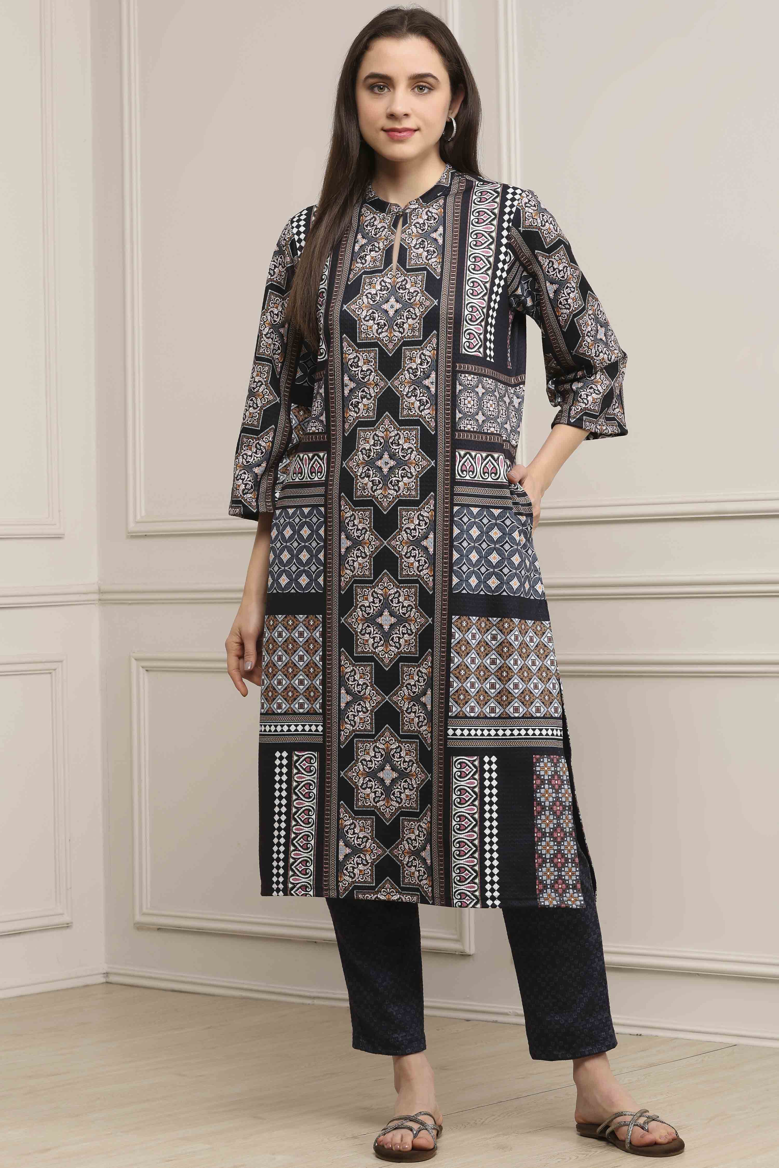 Black Polyester Printed Straight Kurta Pants Set image number 6