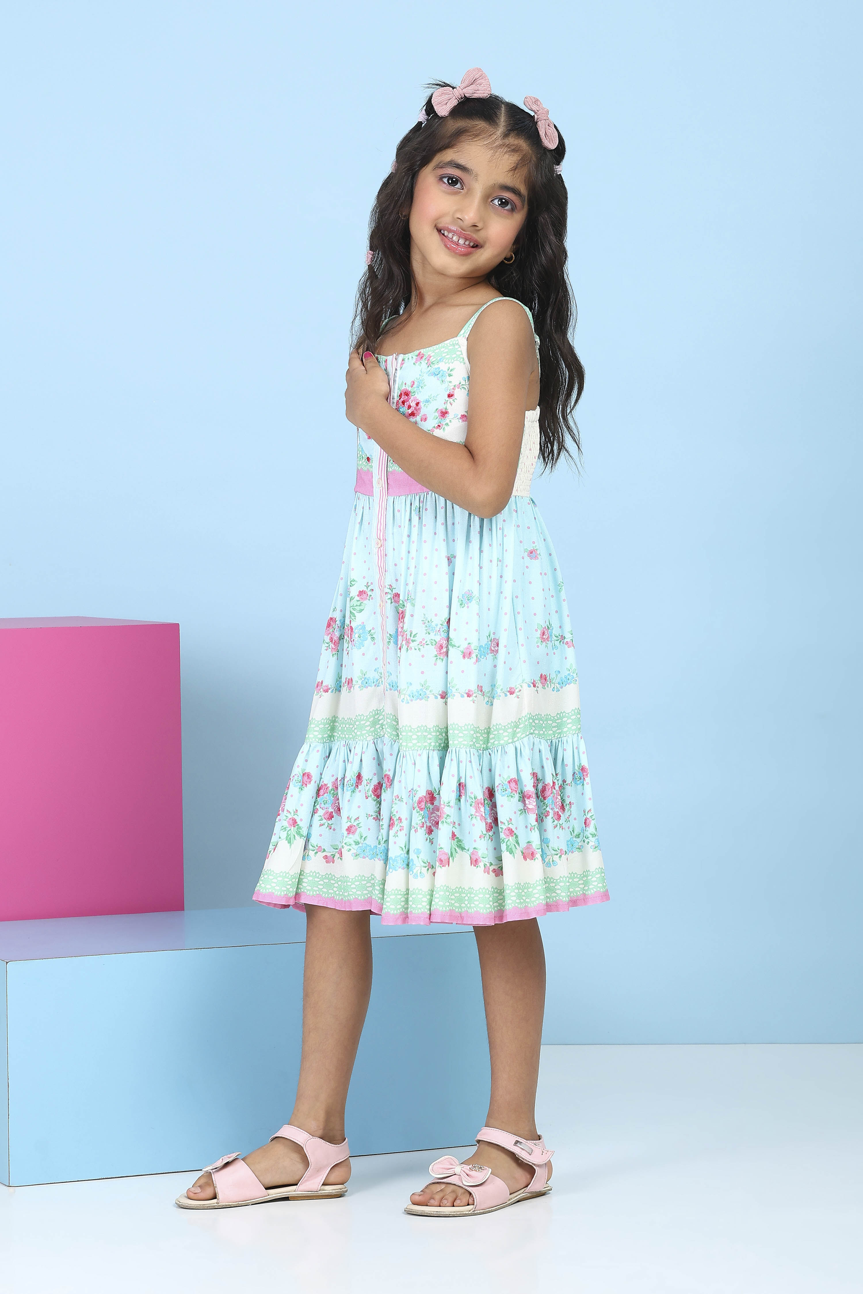 Blue Floral Printed Tiered Flared Dress image number 2