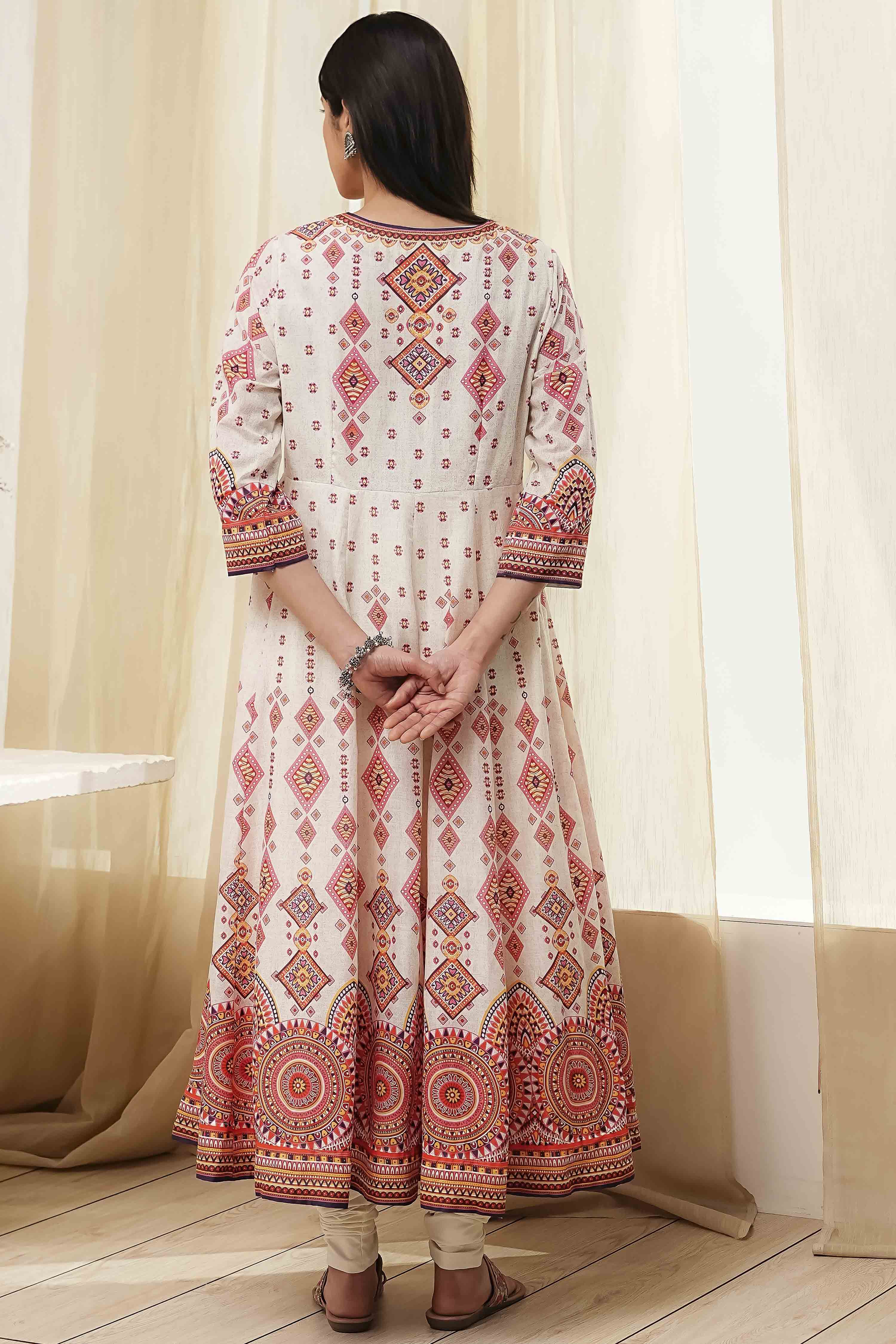 Ecru Cotton Printed Anarkali Suit Set image number 4