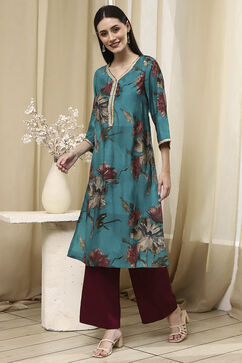 Blue Floral Printed Straight Kurta image number 2