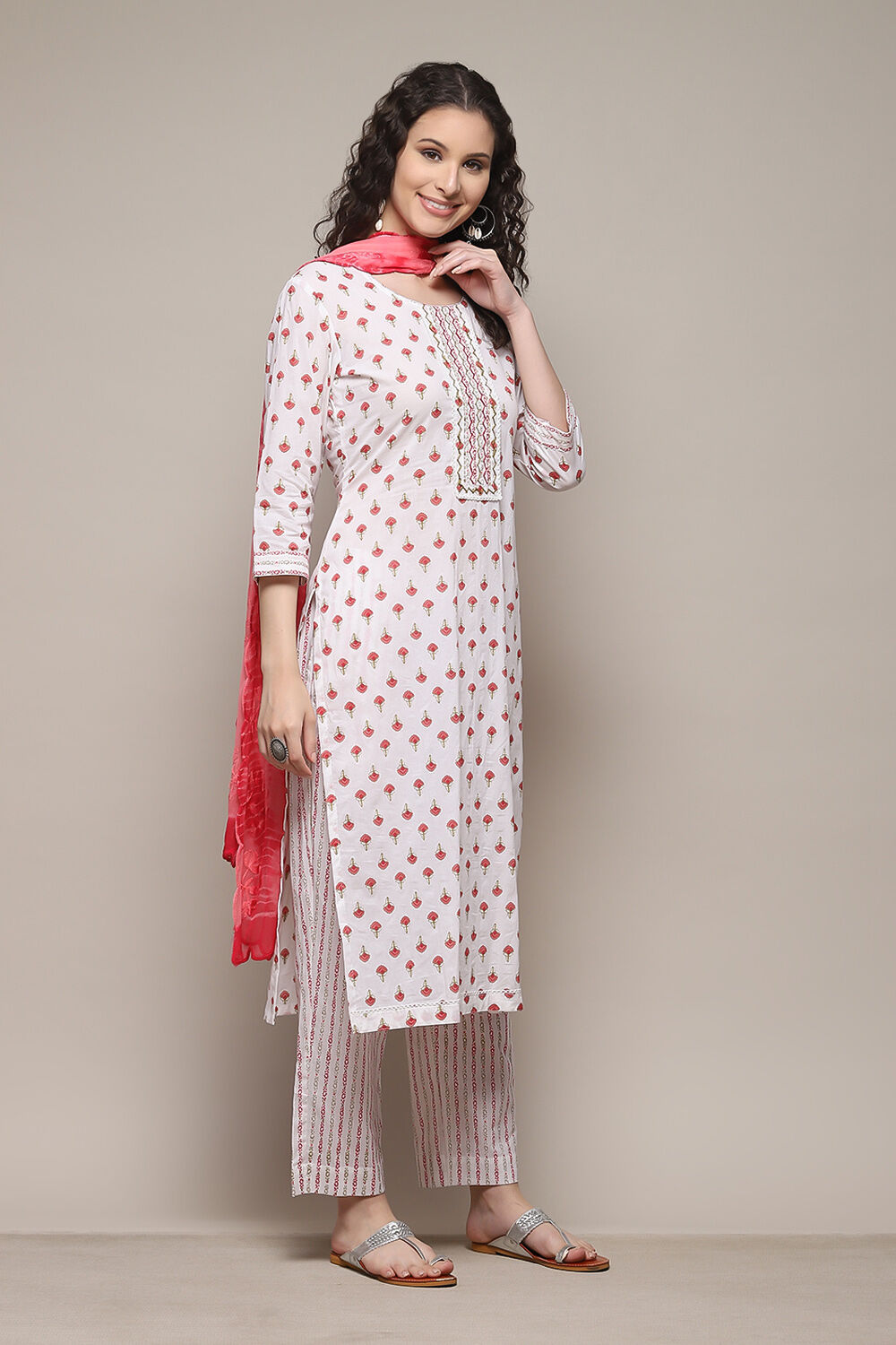 Pink Cotton Handloom Unstitched Suit Set image number 7