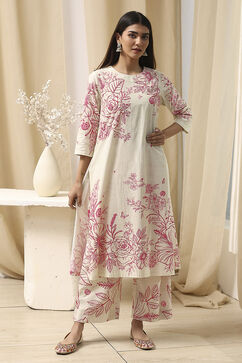 Off-White and Pink Cotton Straight Suit Set image number 6