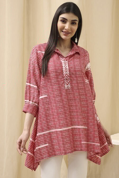 Coral Red Printed Asymmetric Short Kurta image number 4