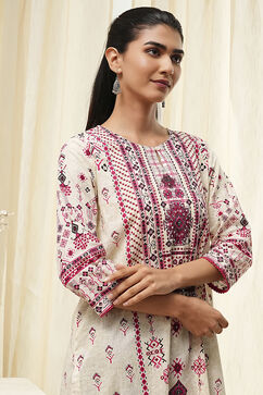 Off-White and Pink Cotton Straight Kurta image number 6