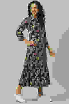 Navy Rayon A-Line Printed Dress image number 2