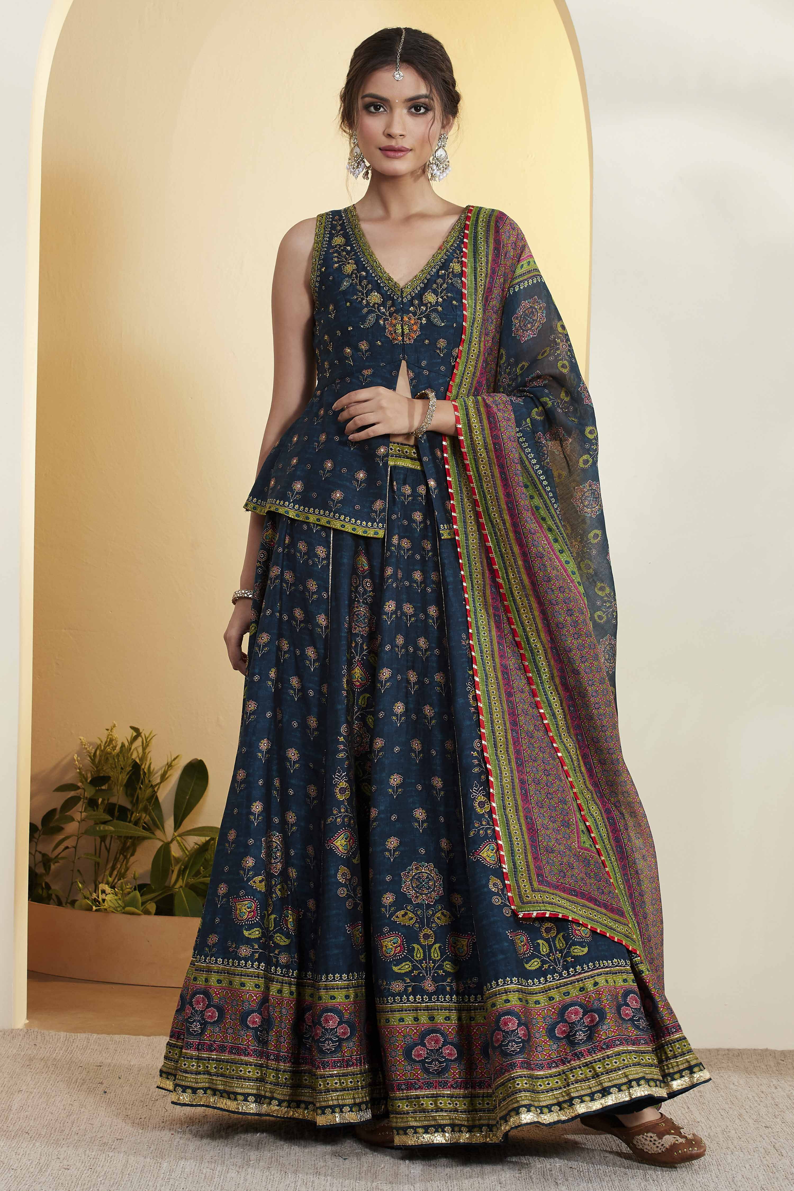 Blue Viscose Silk Floral Printed Peplum Lehenga Set image number 7