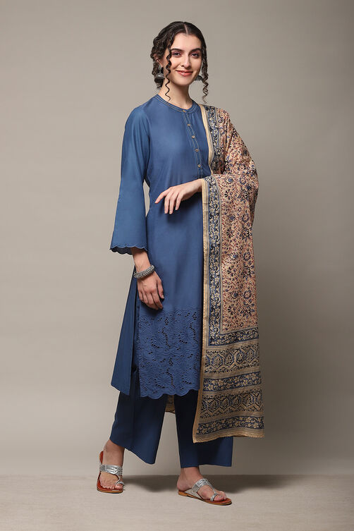 Black Cotton Straight Kurta Palazzo Suit Set image number 6