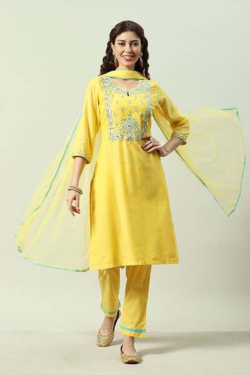 Yellow Cotton Blend A-Line Kurta Pants Suit Set image number 7