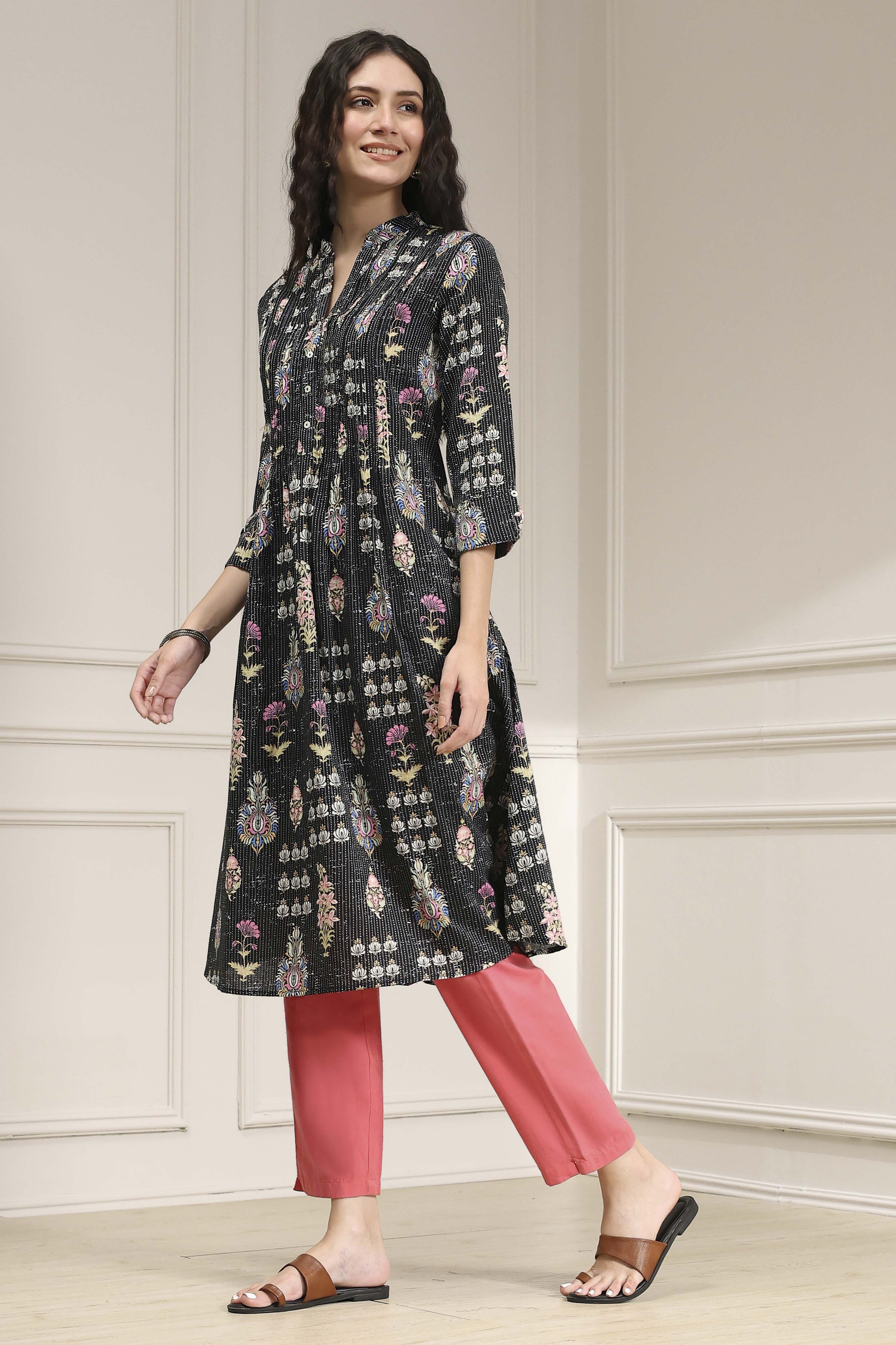Black Cotton Printed A-Line Kurta image number 2
