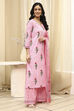 Pink Cotton Screen Print Unstitched Suit Set image number 5