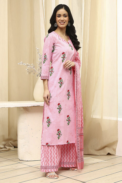 Pink Cotton Screen Print Unstitched Suit Set image number 5