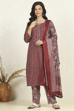 Maroon Cotton Floral Printed Unstitched Suit Set image number 7