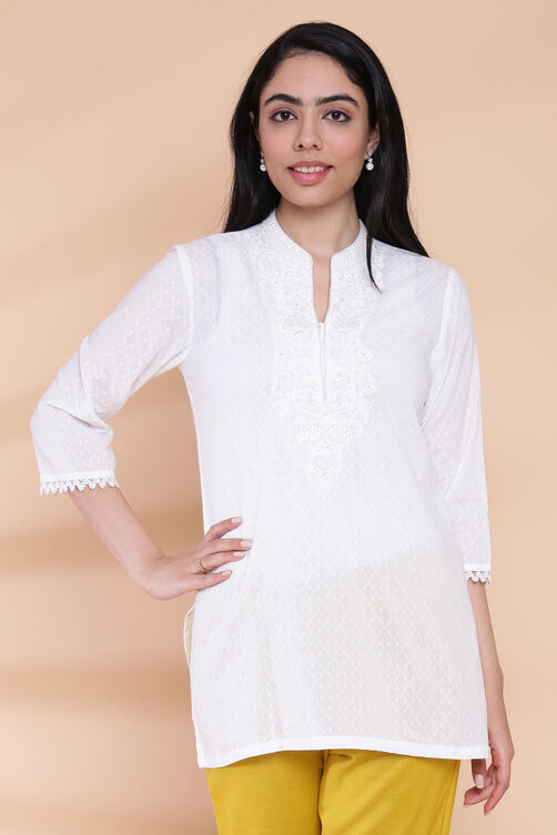 Off White Cotton Chikankari Short Embroidered Kurti image number 0