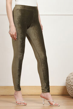 Olive Green Cotton Solid Jeggings image number 3