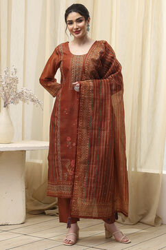 Brown Chanderi Printed Embroidered Unstitched Suit Set image number 8