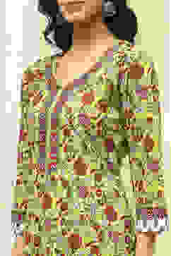 Lime Green and White Cotton Screen Print Unstitched Suit Set image number 2