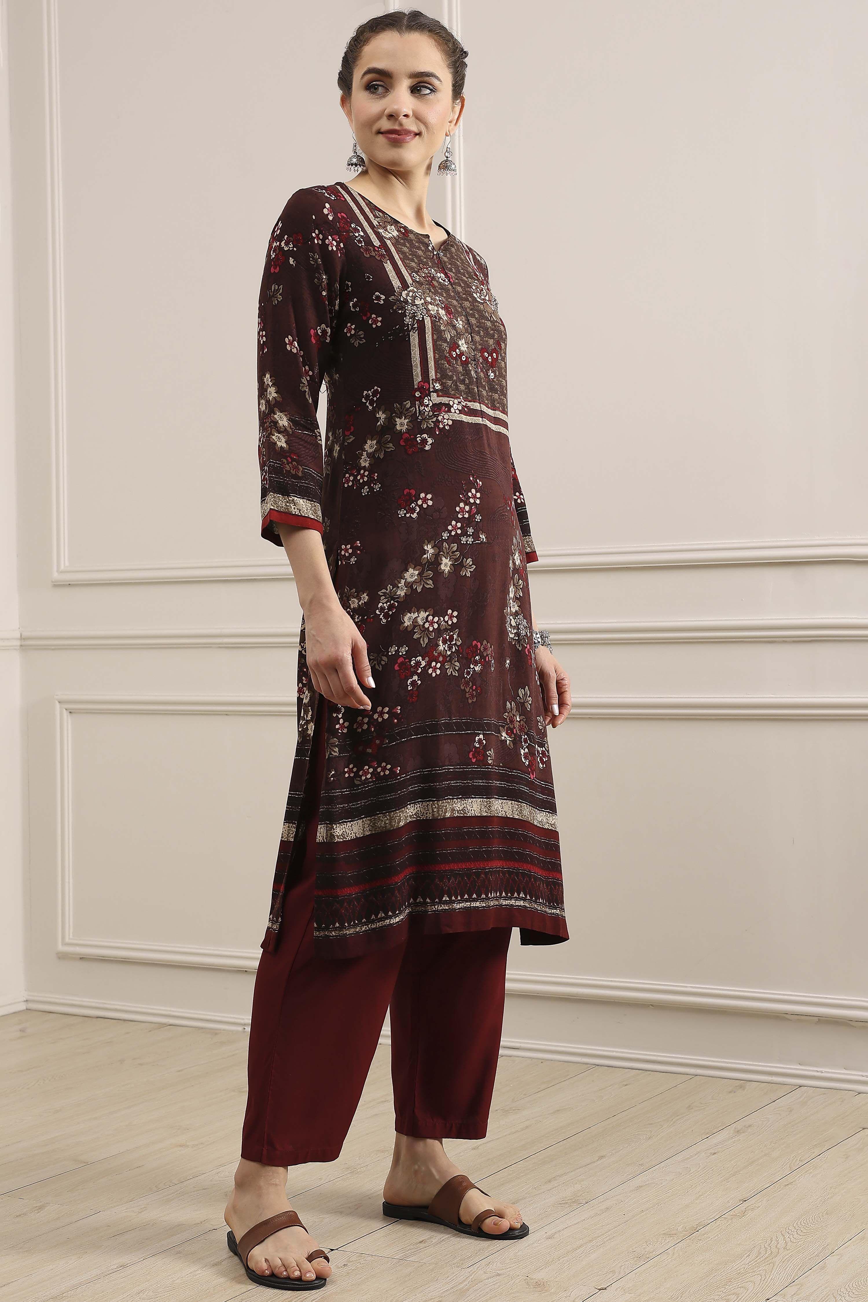 Brown Floral Printed Straight Kurta image number 4