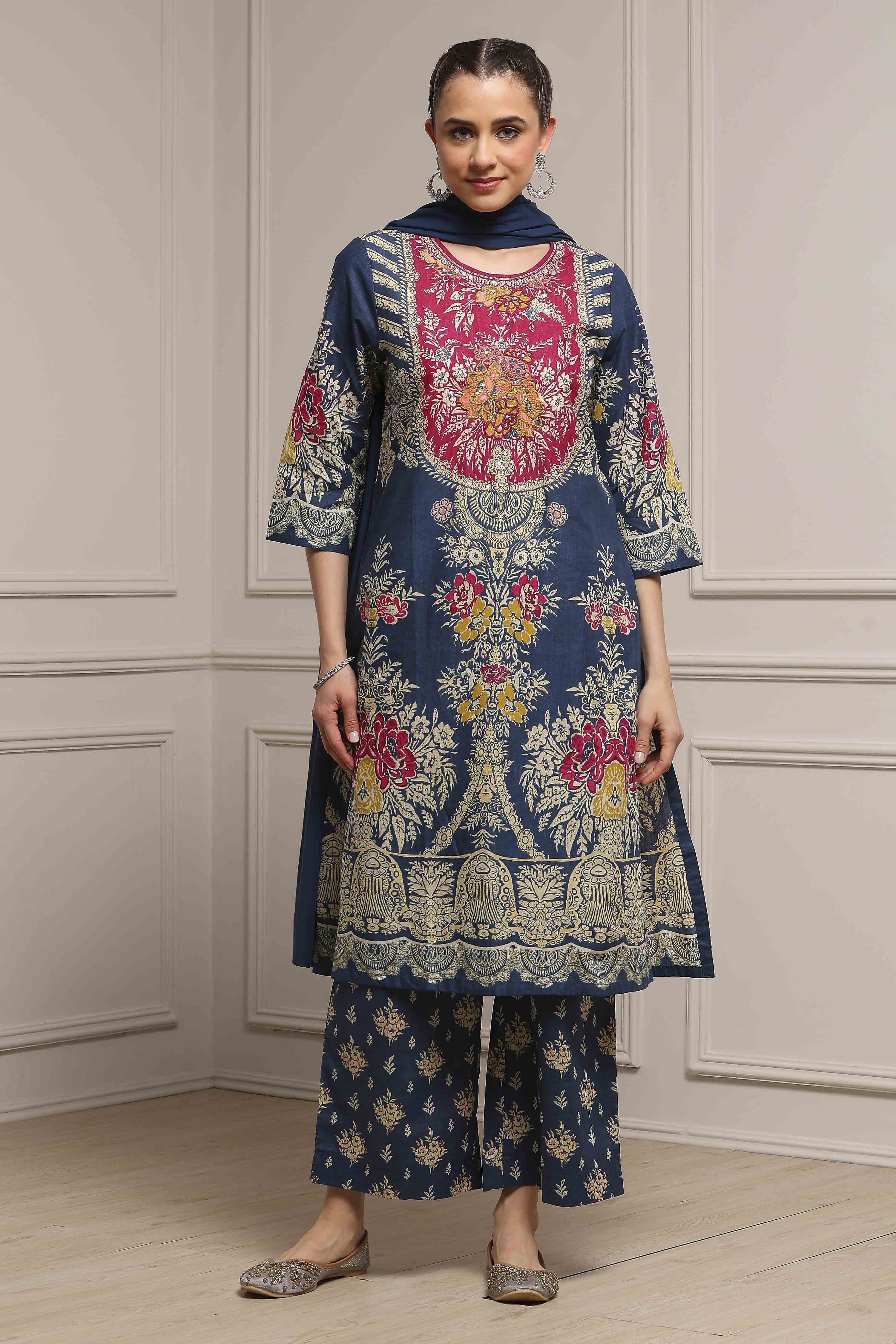 Blue Cotton Printed Straight Suit Set image number 0