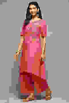 Pink Rayon Asymmetric Kurta Palazzo Suit Set image number 3