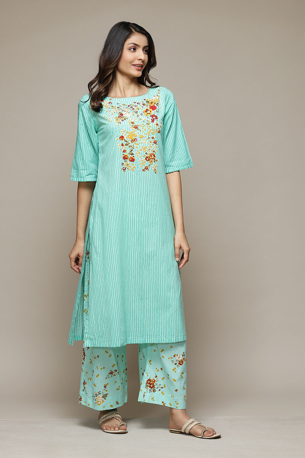 Yellow Cotton Straight Kurta Palazzo Suit Set image number 5