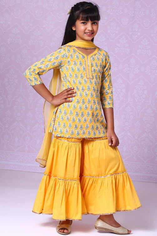 Yellow Cotton Straight Kurta Sharara Suit Set image number 0