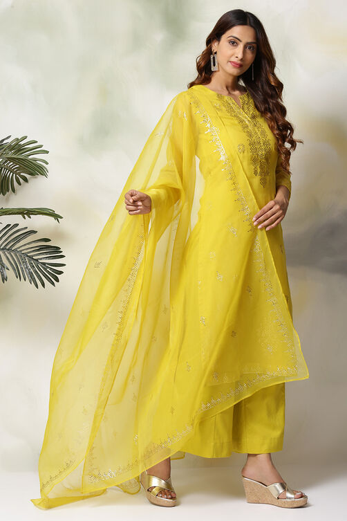 Lime Green Art Silk Straight Kurta Flared Palazzo Suit Set image number 0