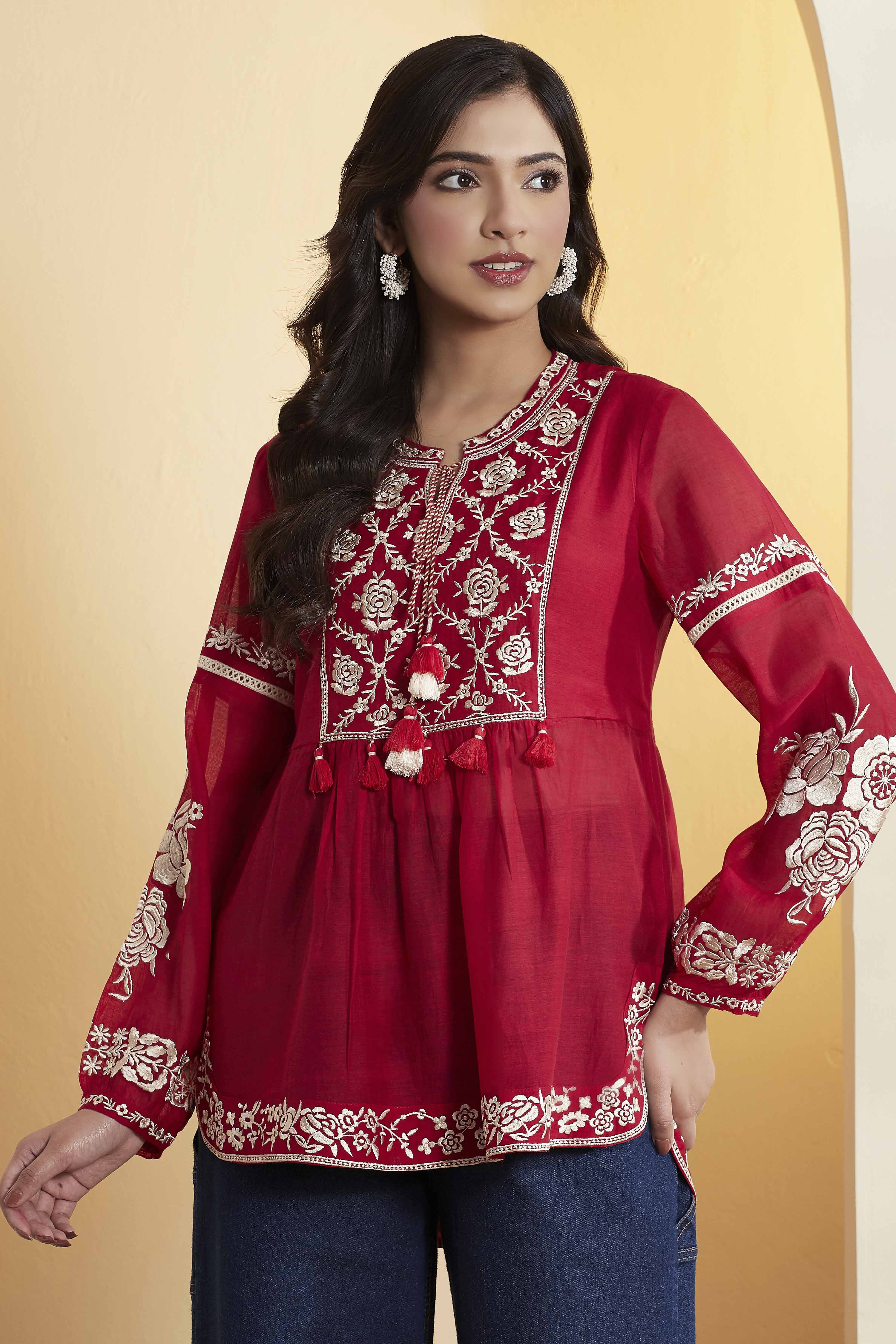 Red Cotton Silk Embroidered Full Sleeve Kurti image number 5