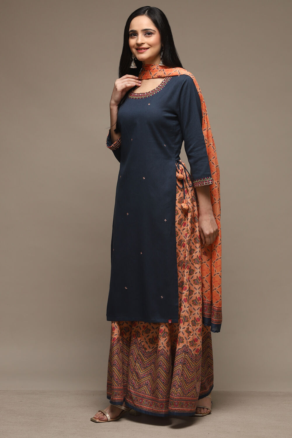 Blue Cotton Straight Kurta Sharara Suit Set image number 6