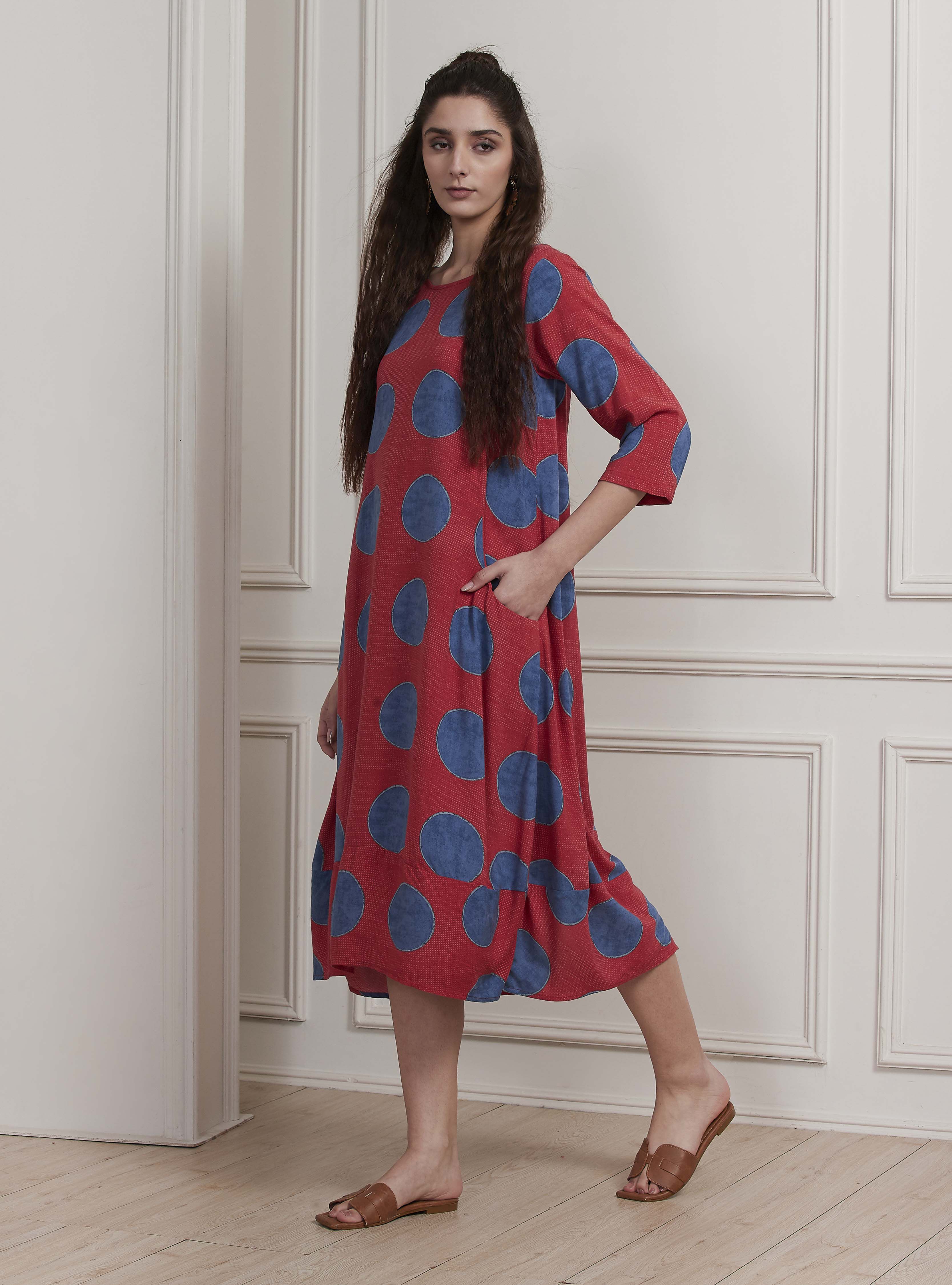 Rust Printed A-Line Dress image number 2