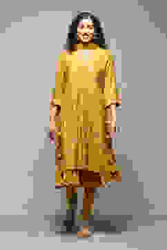 Lime Yellow Silk Layered Kurta Churidar Suit Set image number 7