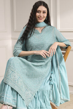 Powder Blue Cotton Blend Layered Embroidered Fusion Set image number 6