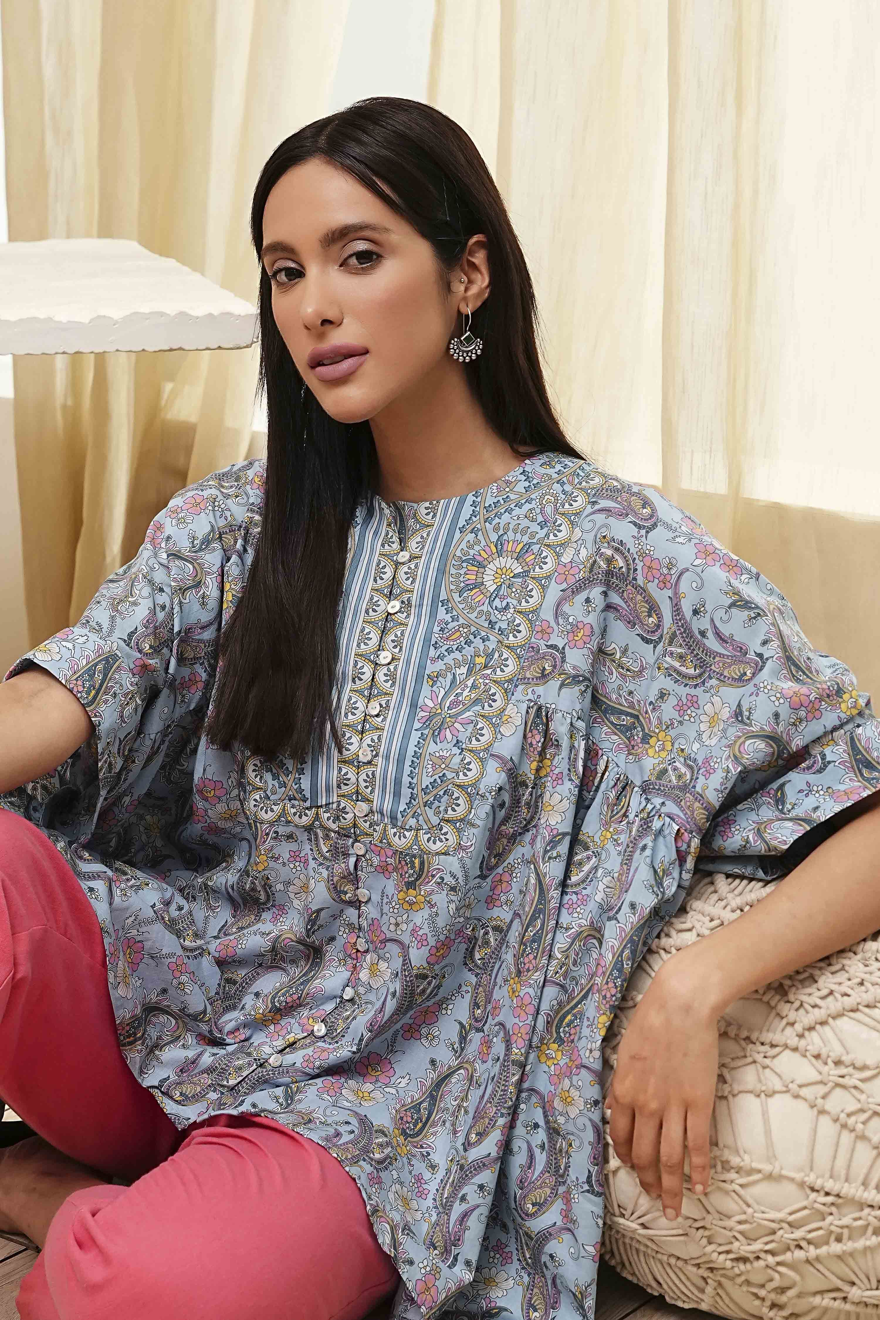 Dull Blue Cotton Flared Short Kurta image number 0