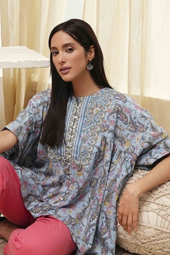 Dull Blue Cotton Flared Short Kurta