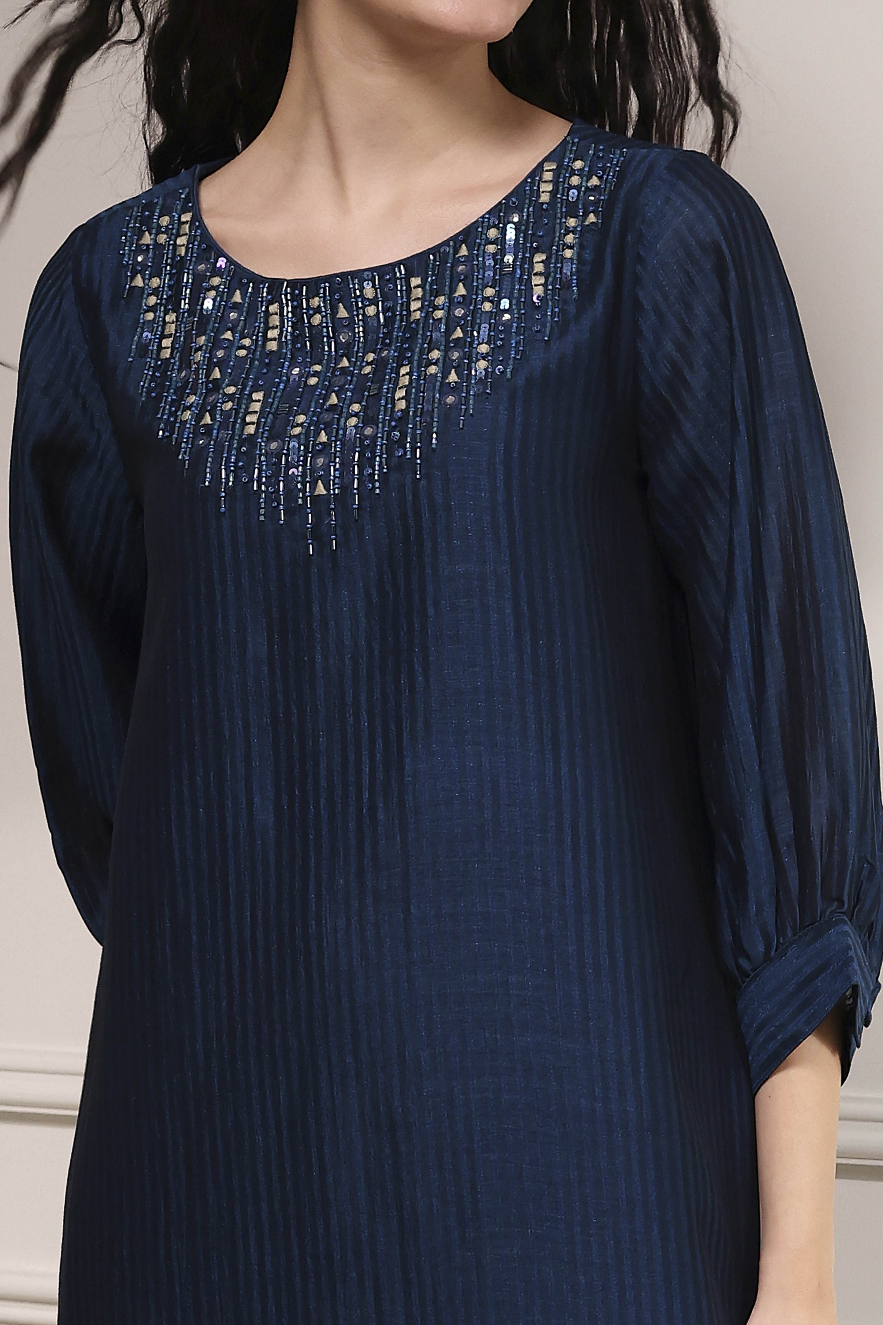 Blue Self-Designed Straight Kurta Set image number 1