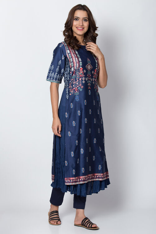Indigo Cotton Straight Printed Kurta image number 2