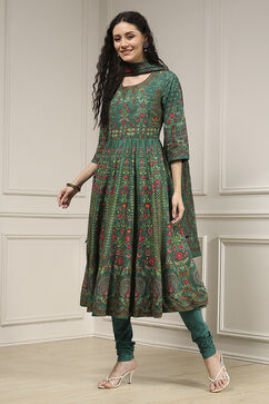 Teal Green Cotton Anarkali Printed Lehenga Set image number 3
