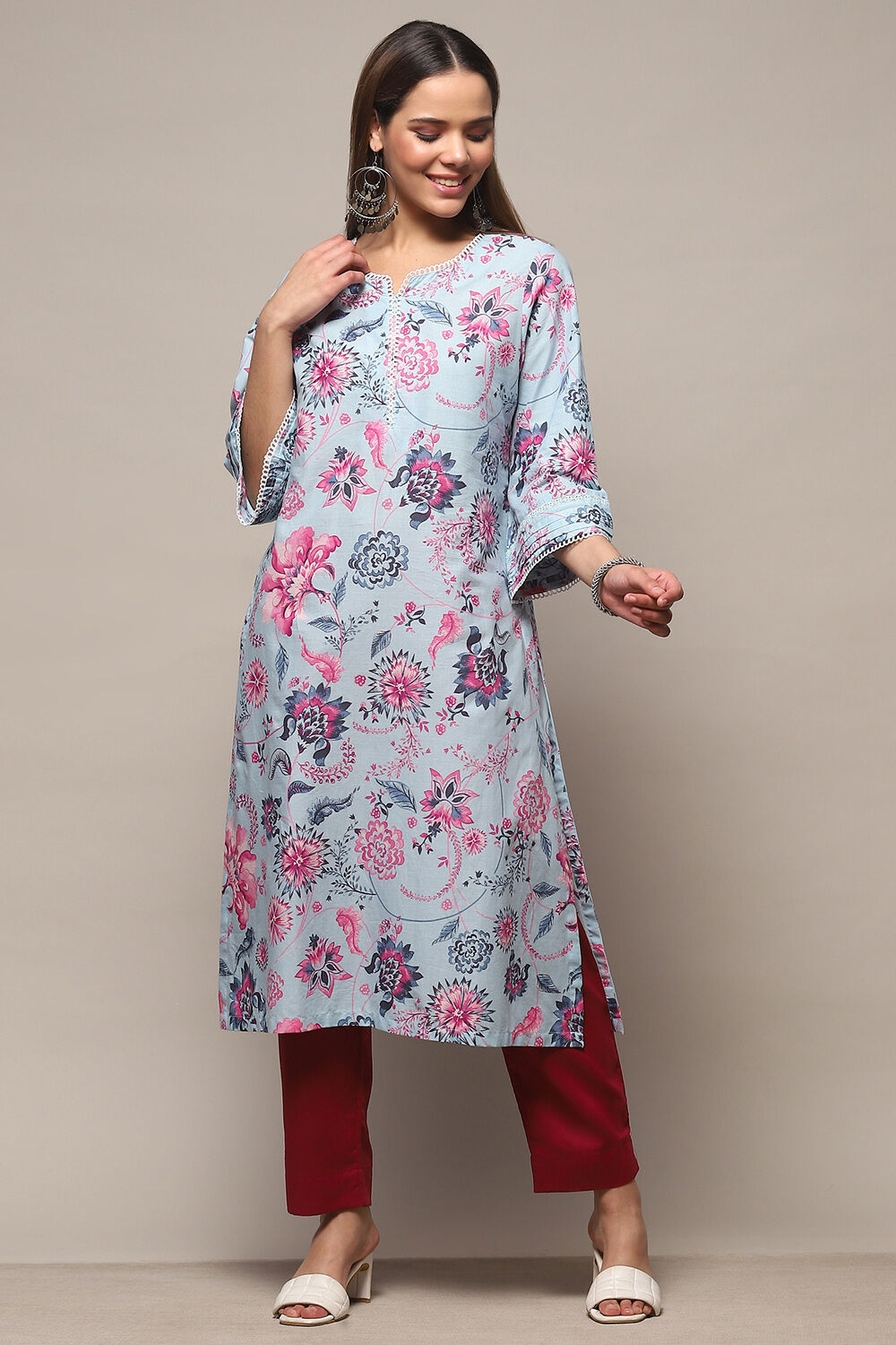 Yellow Cotton Floral Printed Straight Kurta image number 0