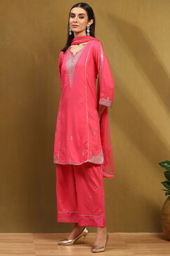 Pink Embroidered Straight Suit Set image number 3