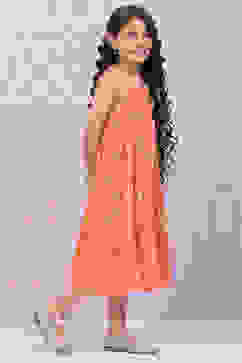 Orange Art Silk Tiered Printed Kurta image number 3