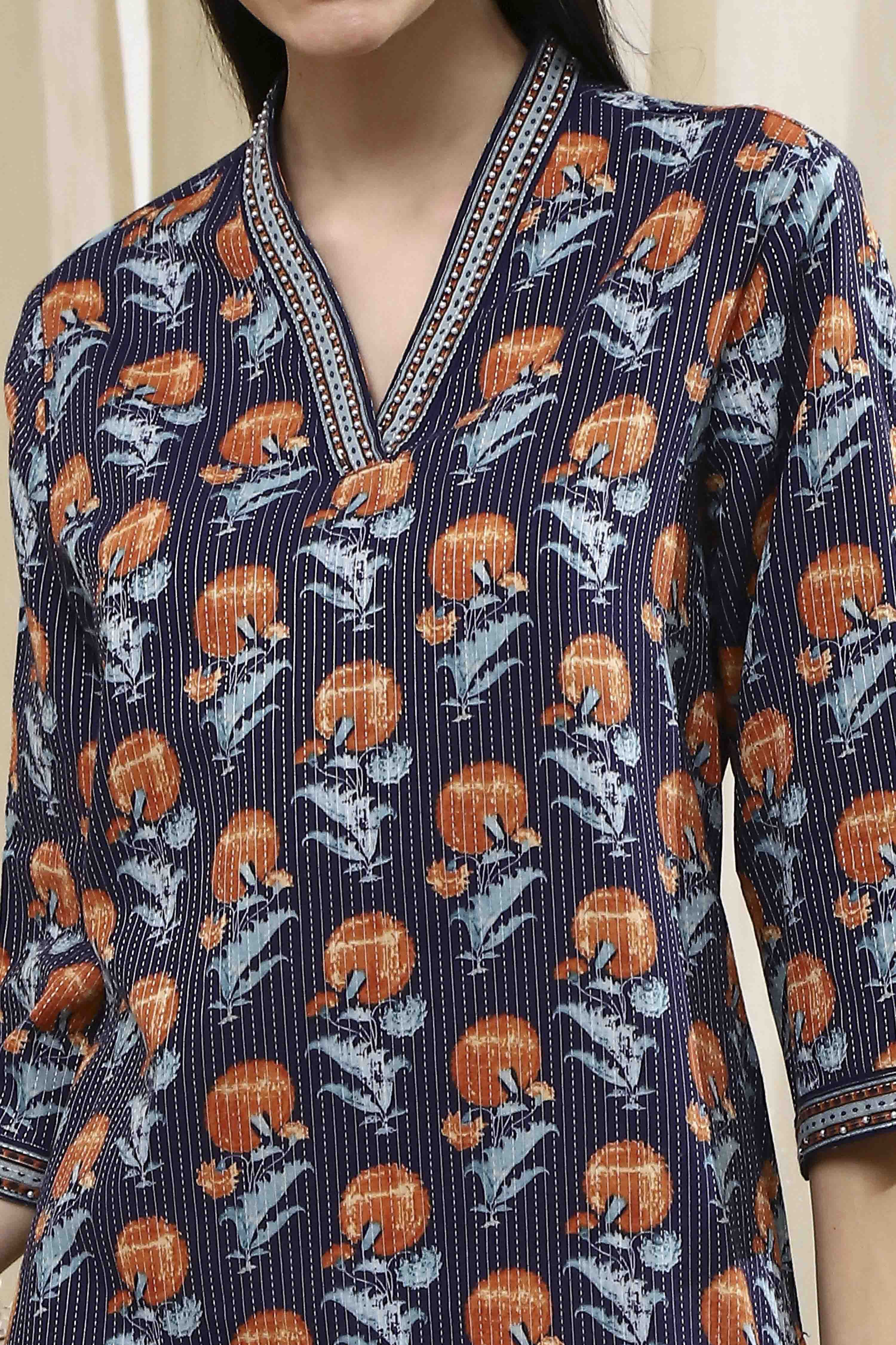 Blue Cotton Printed Straight Kurta image number 1