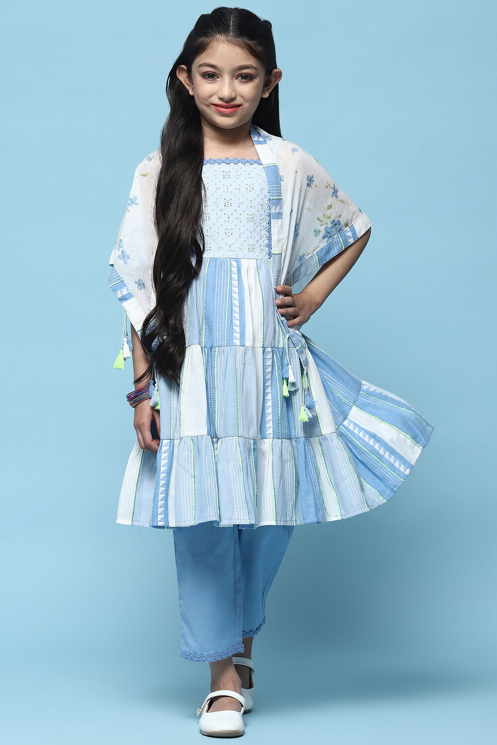 Blue Printed Cotton Kurta With Pants & Printed Scarf.  image number 0