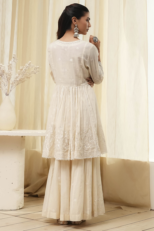 Off-White Cotton Embroidered Flared Suit Set image number 4