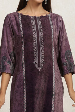Purple Velvet Digital Print Unstitched Suit Set image number 2